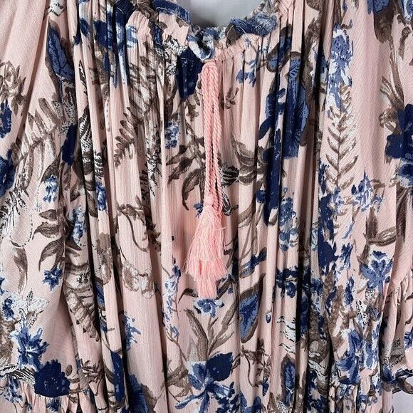 Umgee Floral Bell Flounce Sleeve Tunic Blouse Ruffle Tassel Tie Neck Boho L NWT - Picture 4 of 10